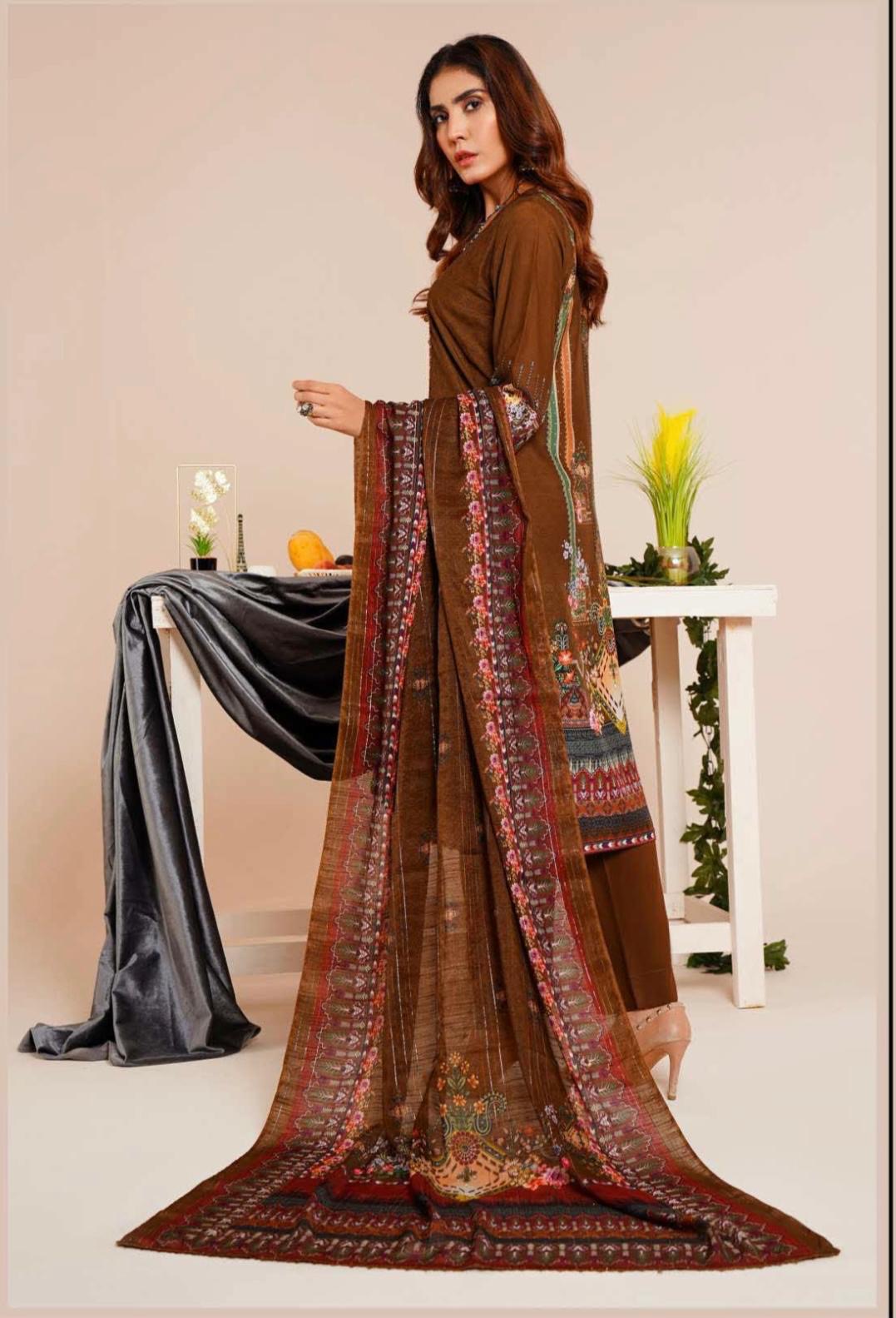 (240) Linen Pakistani Elegantly Embroidered Three-Piece Ready Made Suit