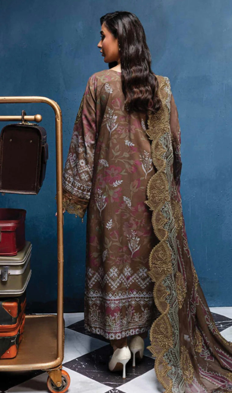 (164) Elegant Original Nureh Gardenia Printed Slub Linen Suit with Chiffon Dupatta