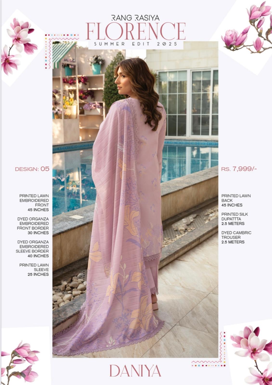 (134) Rang Rasiya Shireen Florence Summer Edit 2025 – Ready-to-Wear Lawn Suit with Printed Silk Dupatta
