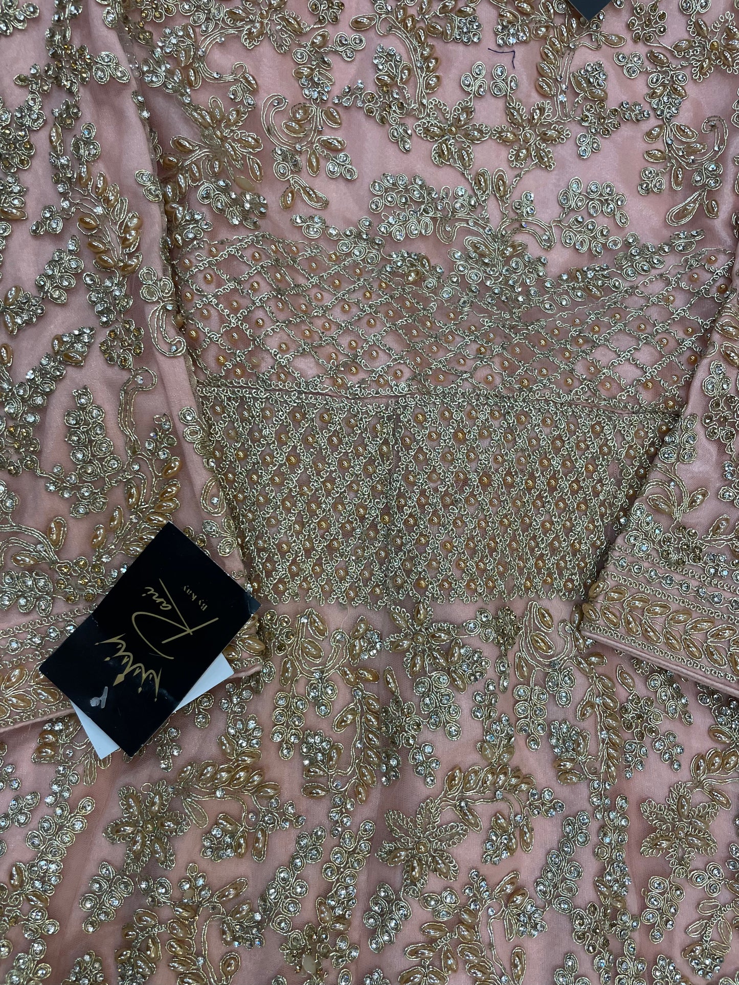 (155) Indian Peach Sharara Suit - Diamante Embroidered Umbrella Dress