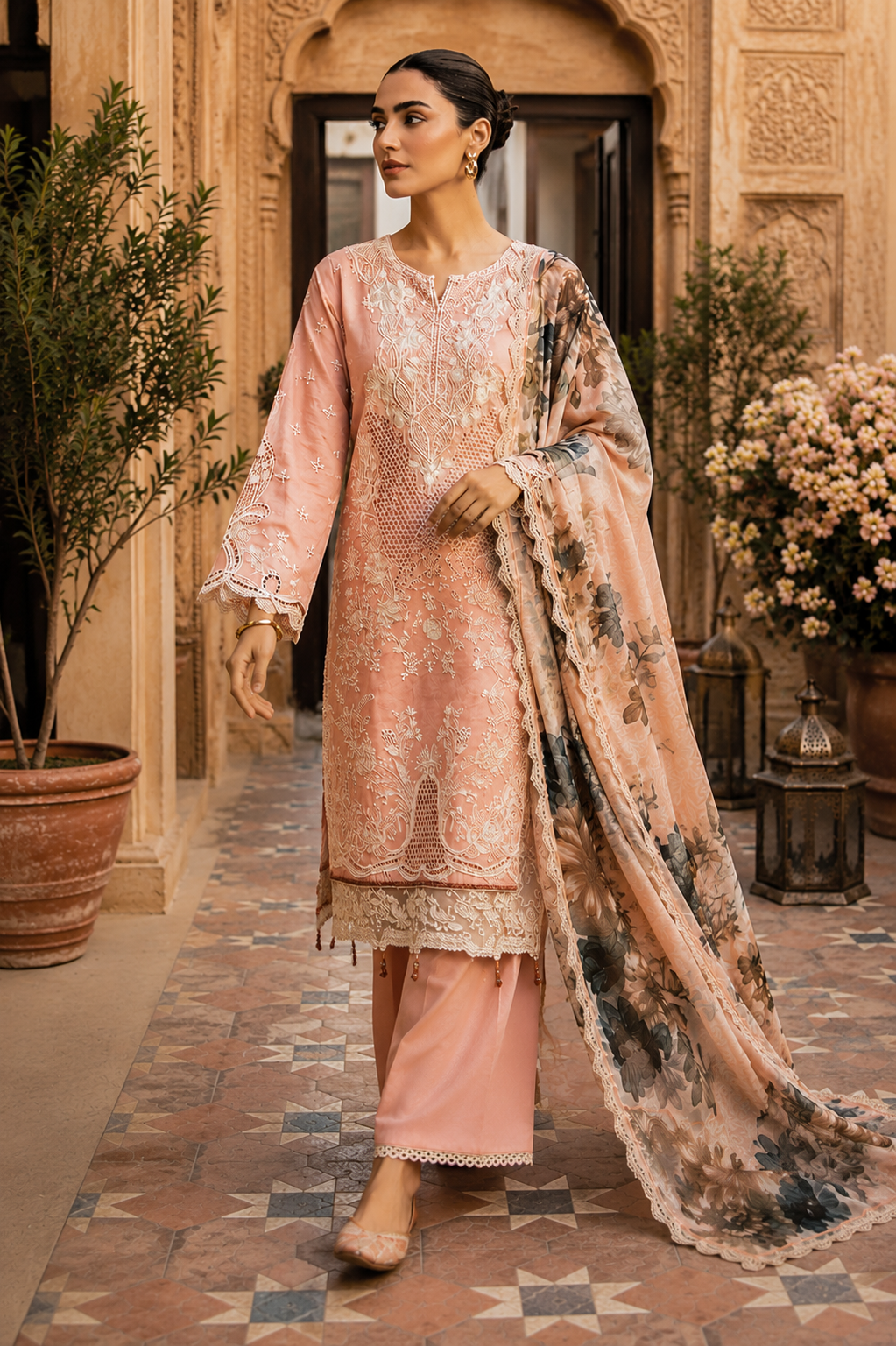 (1) Rangreza pret peach lawn chicken Kari lace embroidered pearl embellished chiffon contrast dupatta ready to wear