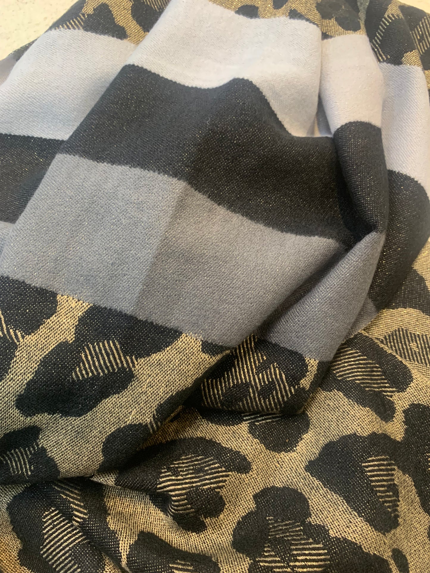 (12) Woolley leopard tassel shimmer printed winter thick scarf 27” wide length 73”