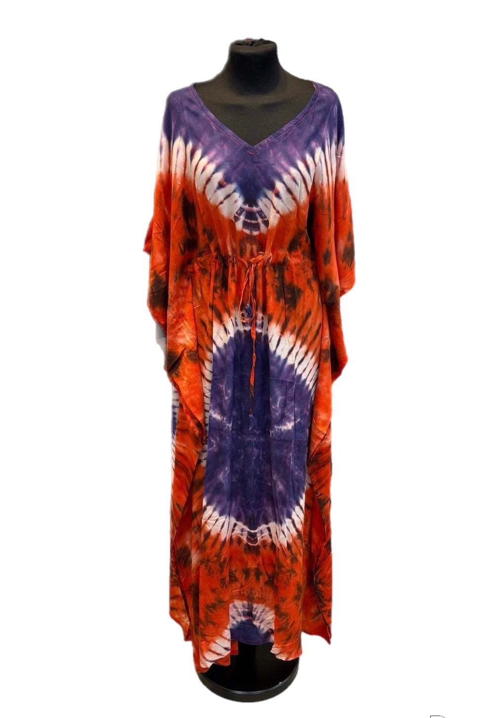 (106) Tie dye long butterfly kaftan dress viscose belted one size