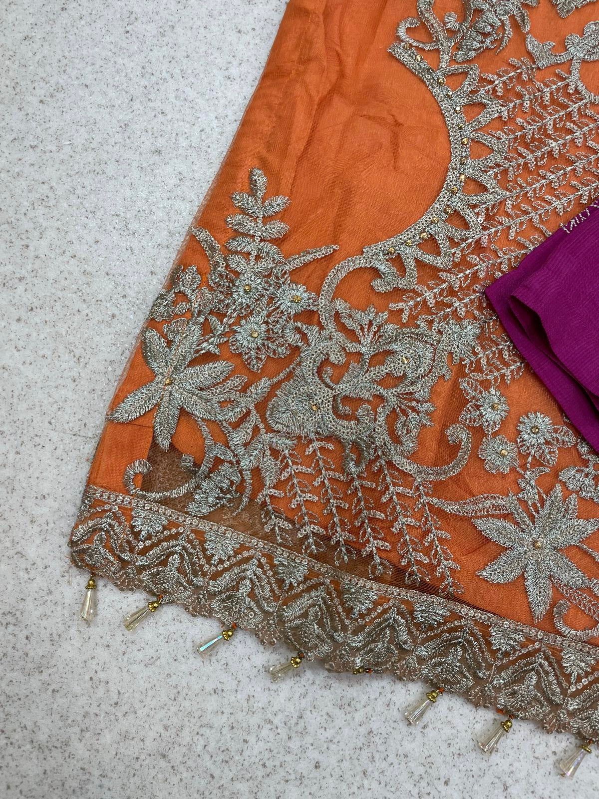 (202) Pakistani Wedding Embroidered 3-Piece Suit with Plazzo & Organza Dupatta