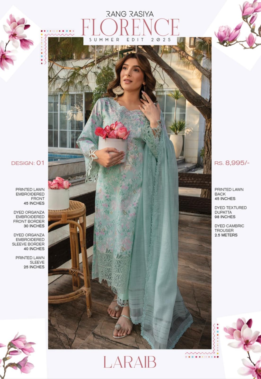 (130) Rang Rasiya Shireen Florence Summer Edit 2025 – Ready-to-Wear Lawn Suit with Printed Silk Dupatta