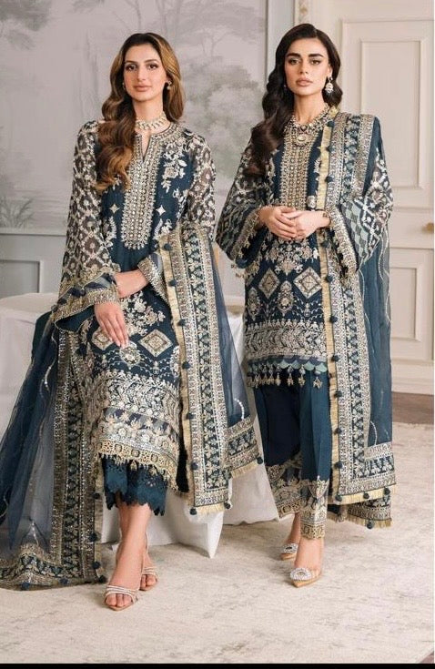 (102) Pakistani Yale Blue Embroidered Chiffon Suit & Organza Dupatta Ready-Made
