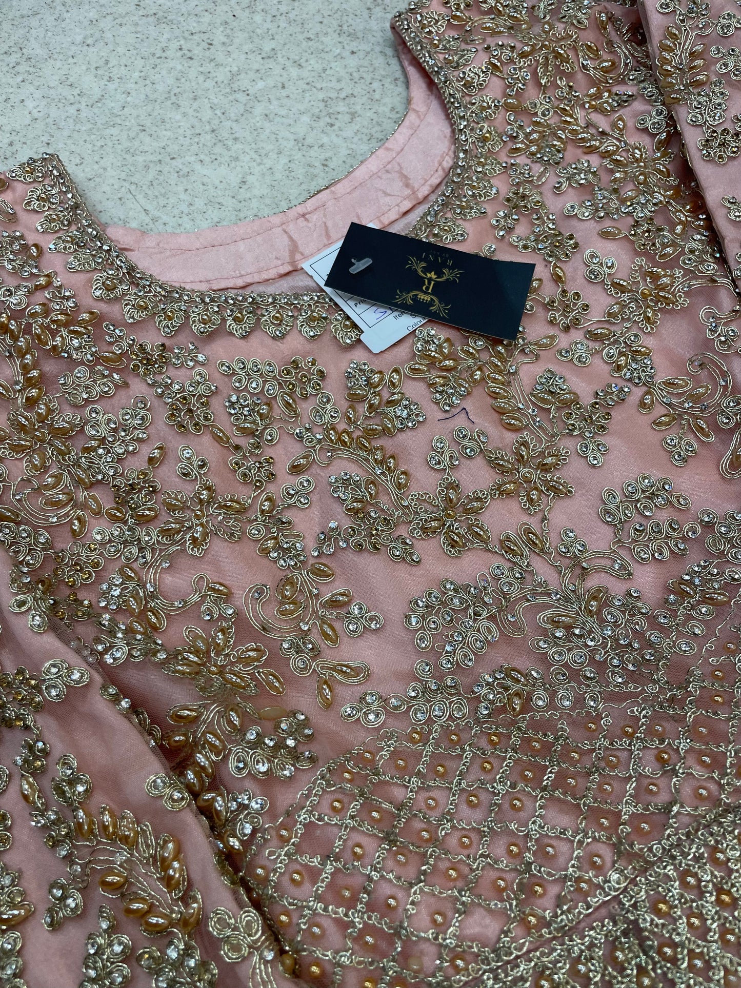 (155) Indian Peach Sharara Suit - Diamante Embroidered Umbrella Dress