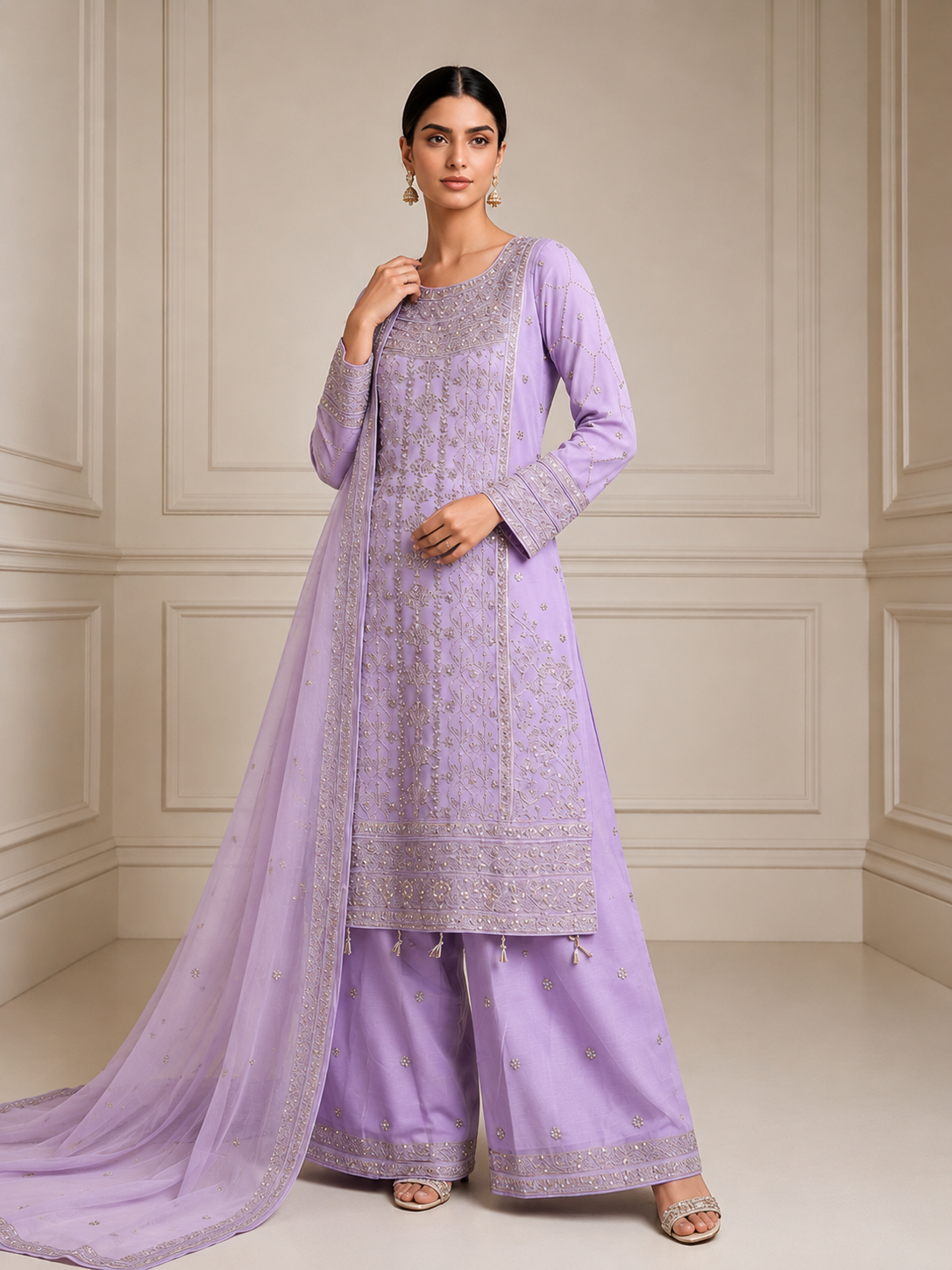 (147) elegant lillac gold embroidered chiffon fully lined detailed plazzo ready to wear