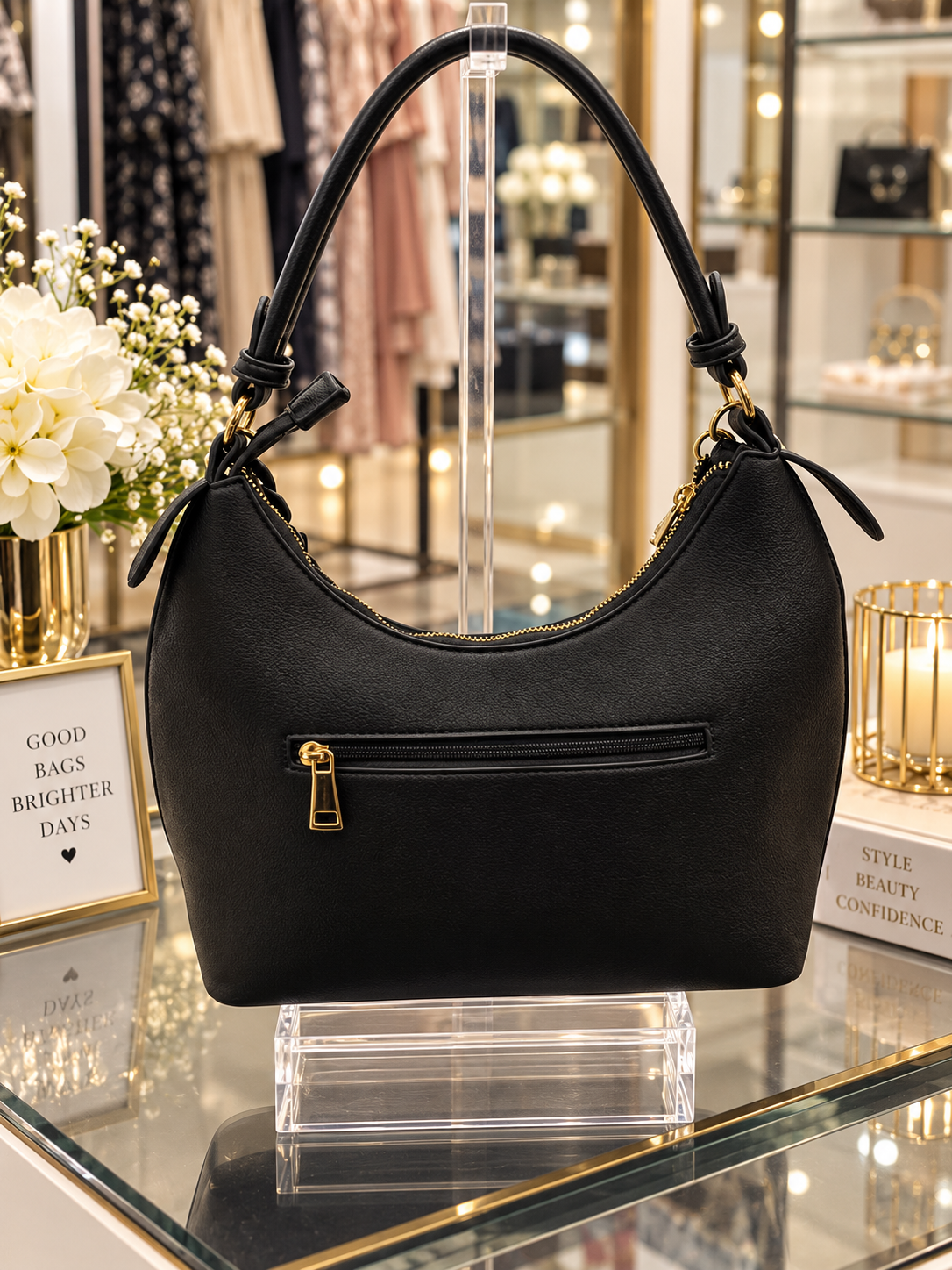 (357) Elegant black faux leather hobo shoulder bag with a stylish quilted design, chic gold hardware and statement chain detailing. Spacious, versatile and perfect for everyday wear or special occasions