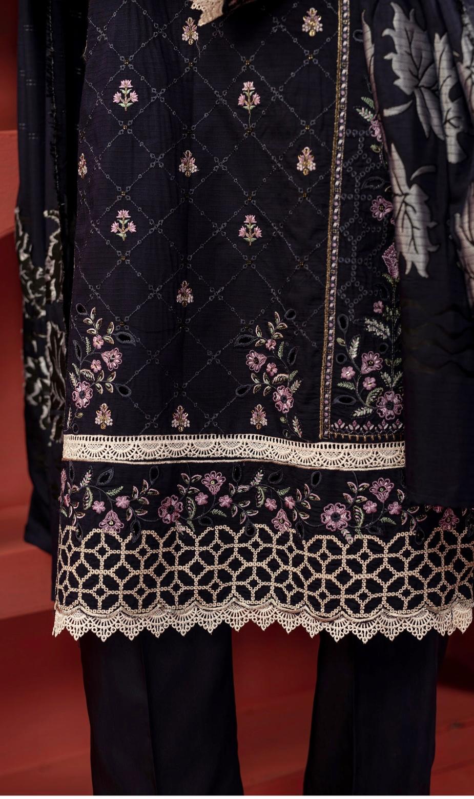 Alisha silk viscose fully embroidered kameez silk viscose dupatta viscose trousers boxed unstitched suit