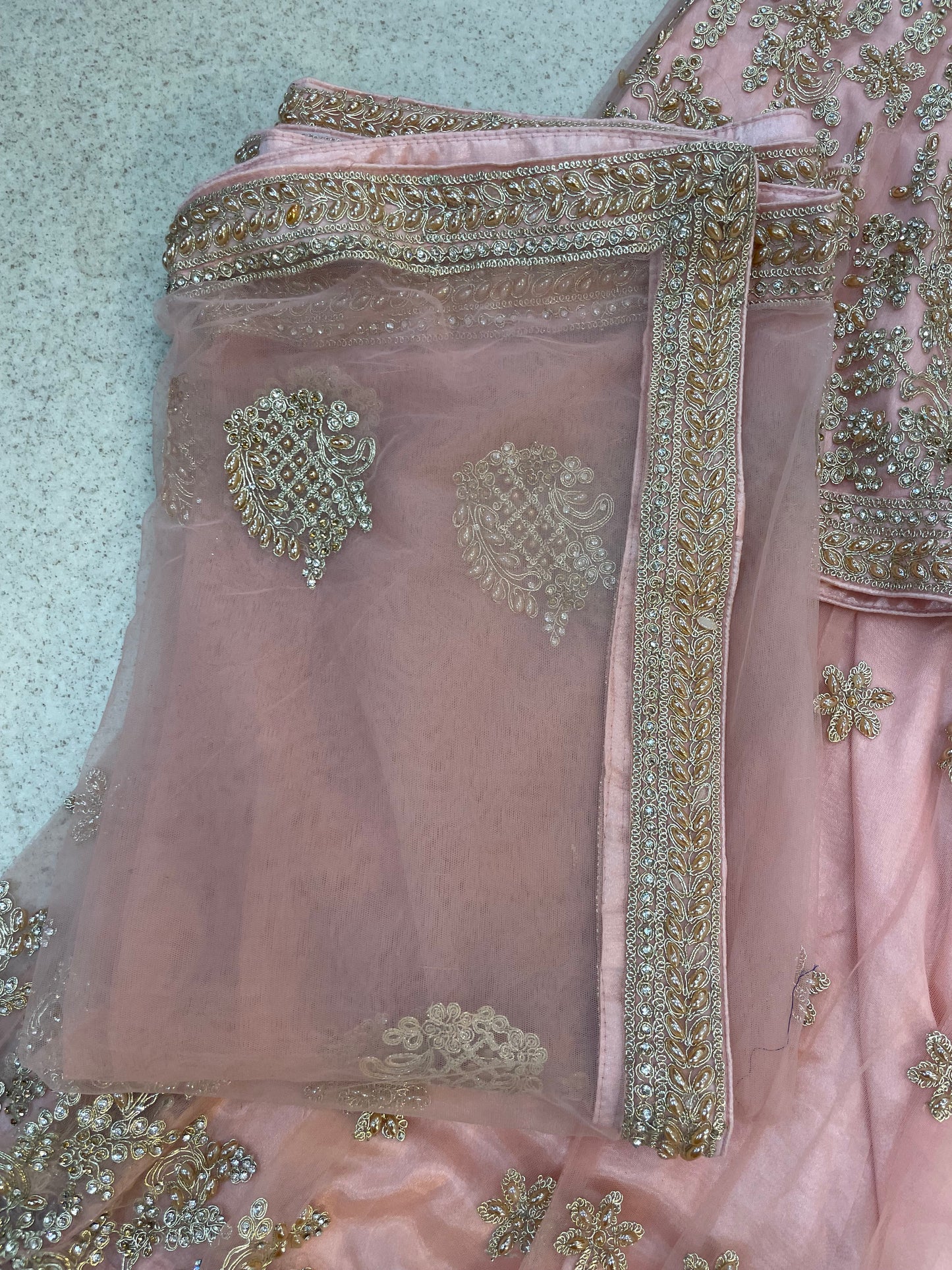 (155) Indian Peach Sharara Suit - Diamante Embroidered Umbrella Dress