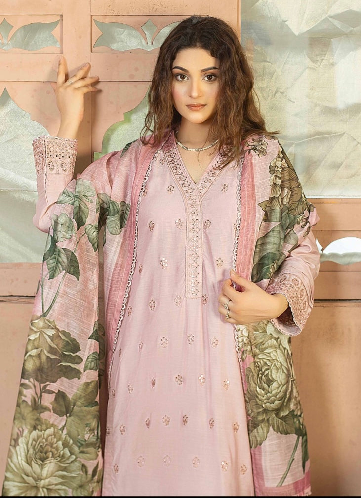 (355) Elegant Linen Sequin Embroidered Suit with Digital Munar Dupatta – Ready to Wear