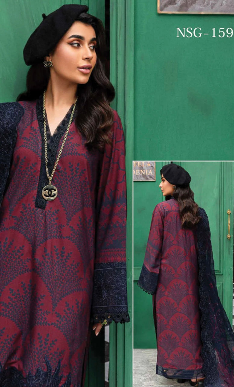 (156) Elegant Original Nureh Gardenia Printed Slub Linen Suit with Chiffon Dupatta