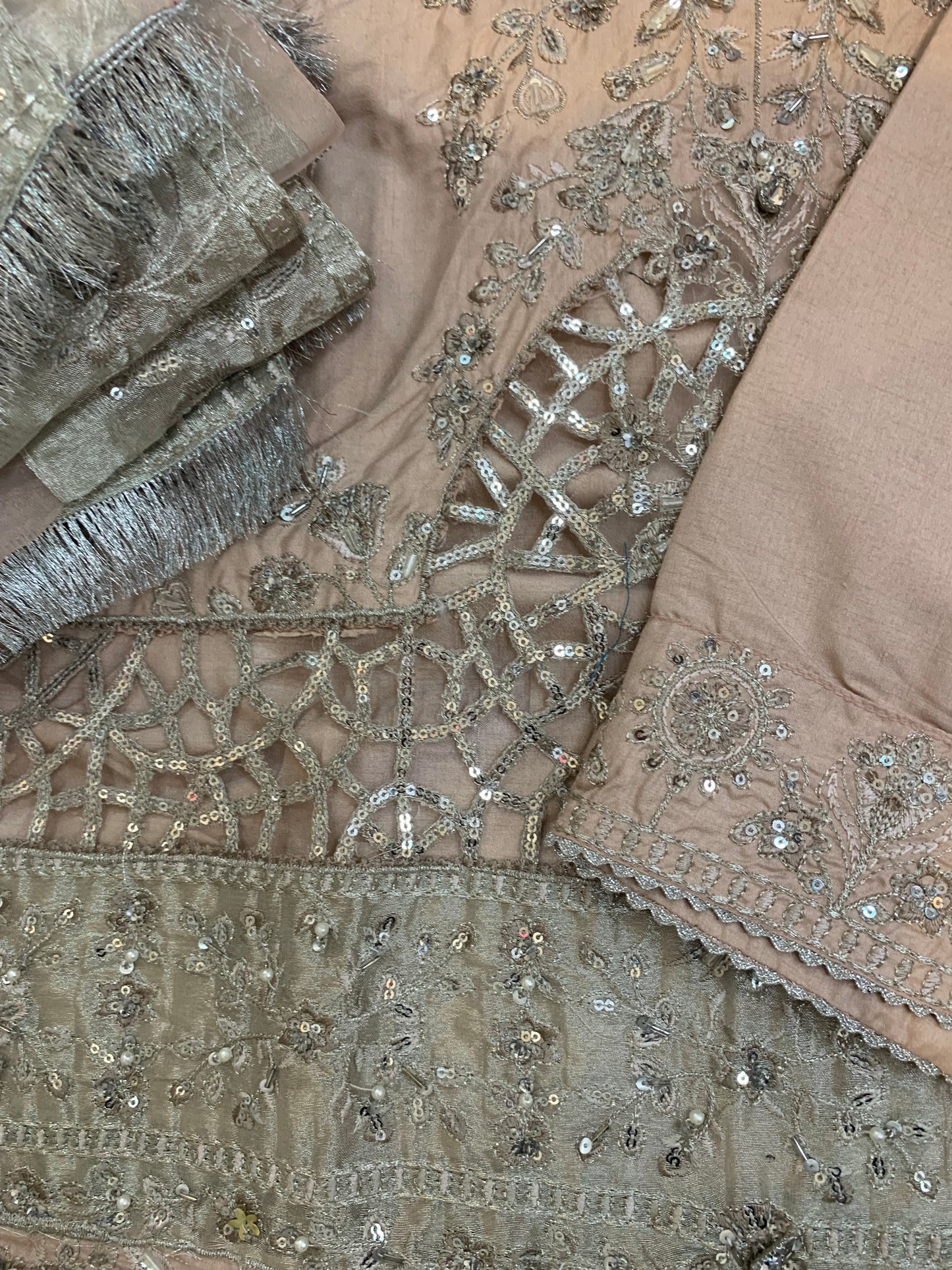 (34) Elegant Pink Raw Silk Palazzo Suit with Sequin & Pearl Embroidered Organza Dupatta – Ready to Wear