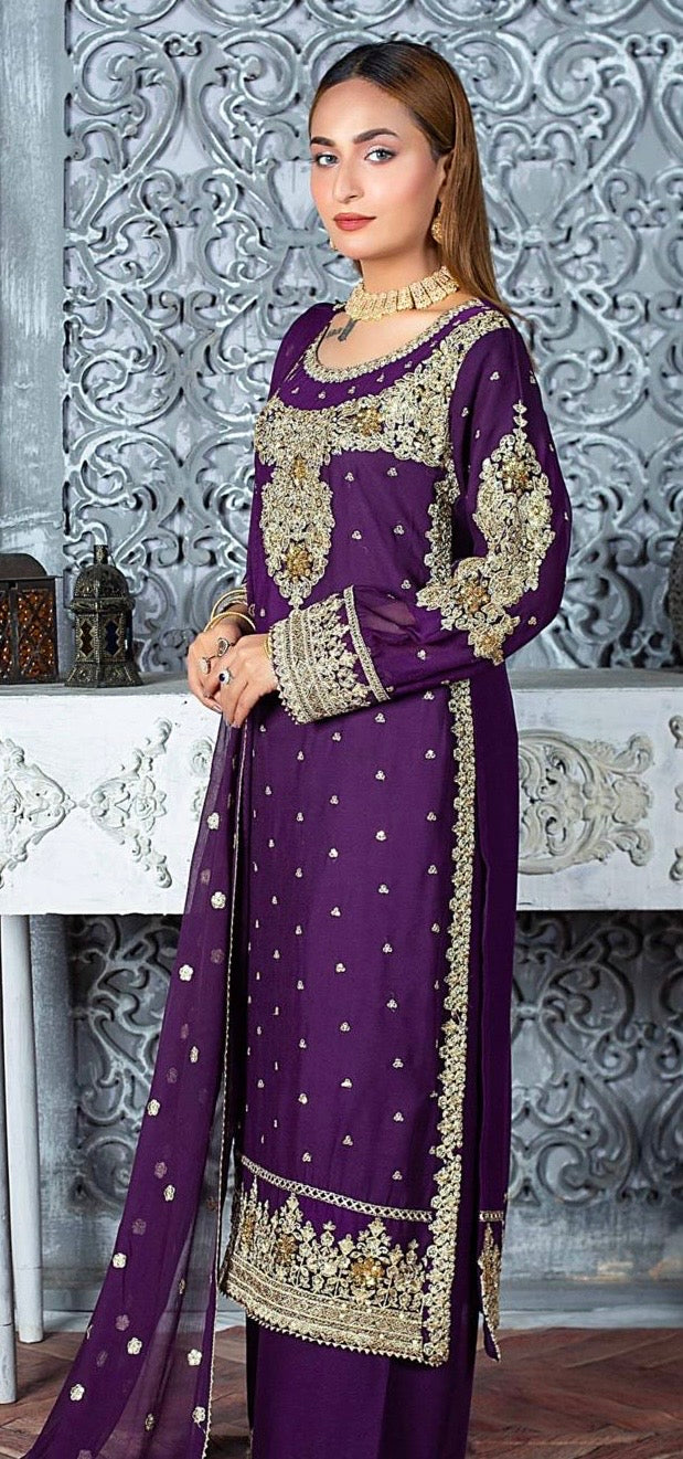(70) Crinkle Chiffon Palazzo Suit – Embroidered Elegance with Chiffon Dupatta | Ready-to-Wear