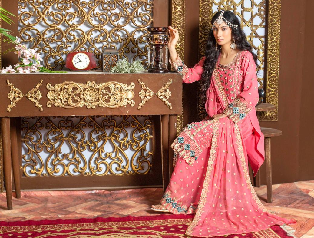 (6) Pakistani Ladies' Chiffon Suit with Stonework Embroidery & Palazzo Trousers