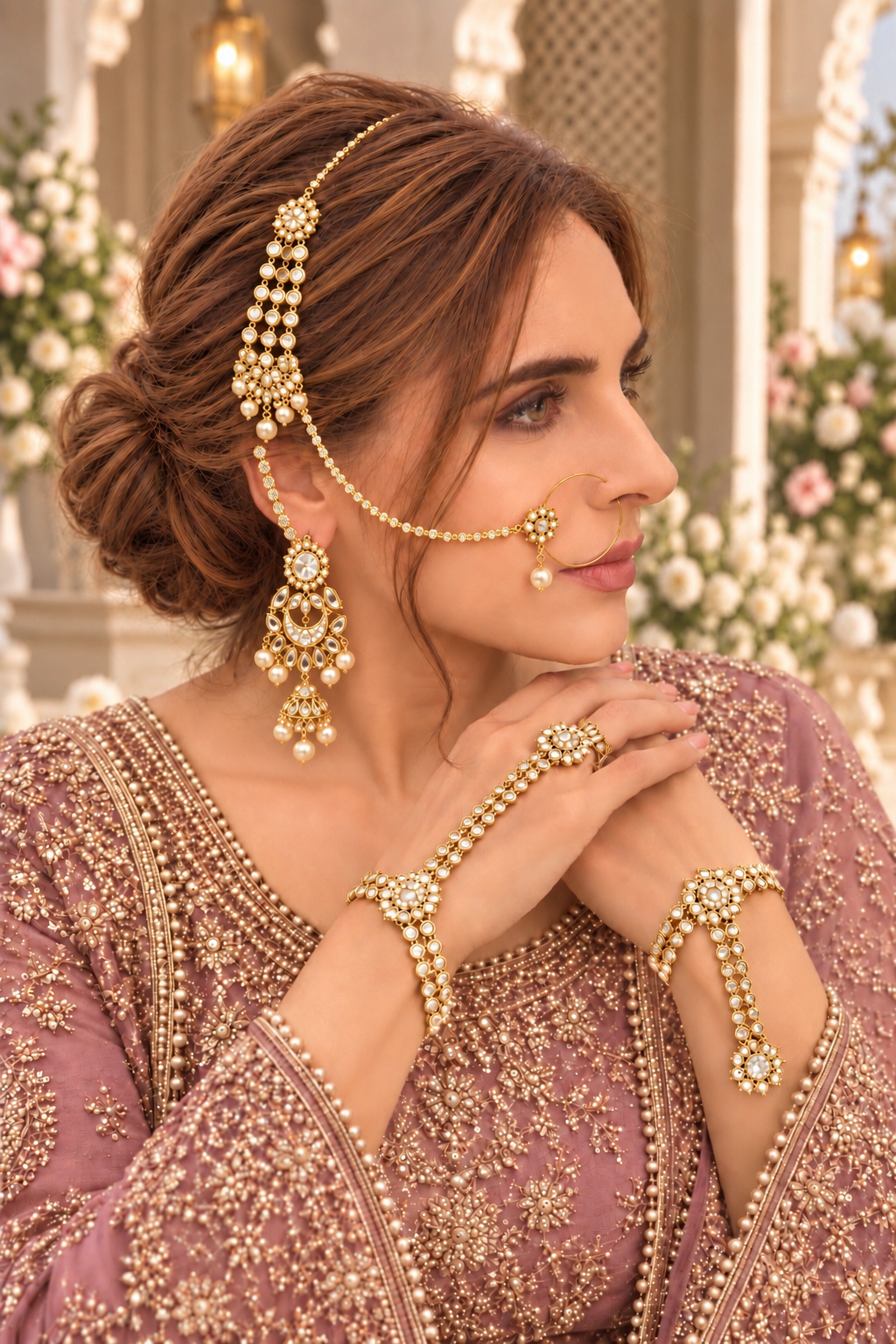 Luxury Pakistani eight piece stone-work wedding jewellery set featuring a choker, long necklace, earrings, tikka, matha patti, nose ring and hand jewellery. Perfect for weddings, parties and special occasions