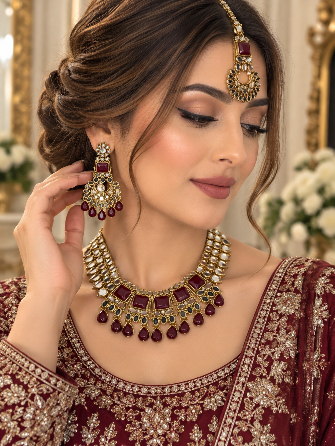 (J8) Elegant gold-tone jewellery set with ruby-red stones, matching statement earrings and tikka. Perfect for weddings, parties and special occasions