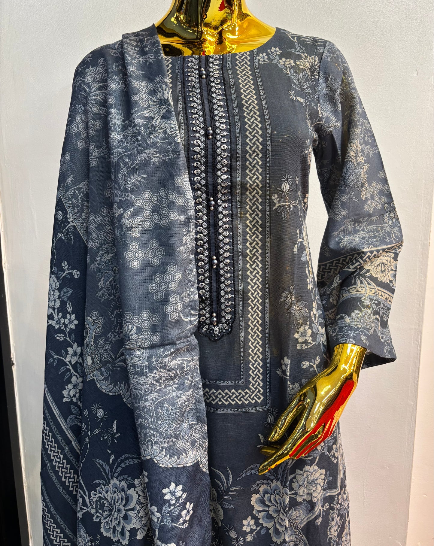 (48) Simran's Embroidered Printed Palazzo Soft Khaddar Ready-Made Suit