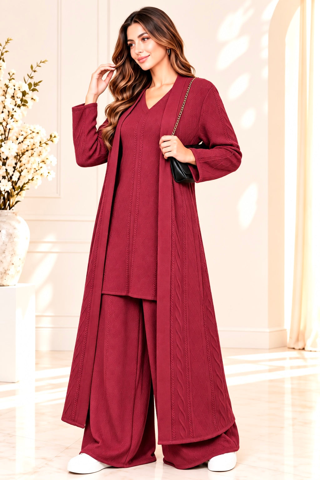 (378) Elegant 3-piece deep red one size textured knit co-ord set Featuring a flattering V-neck tunic, flowing wide-leg trousers and a matching longline open cardigan. stylish, comfortable effortlessly elegant outfit