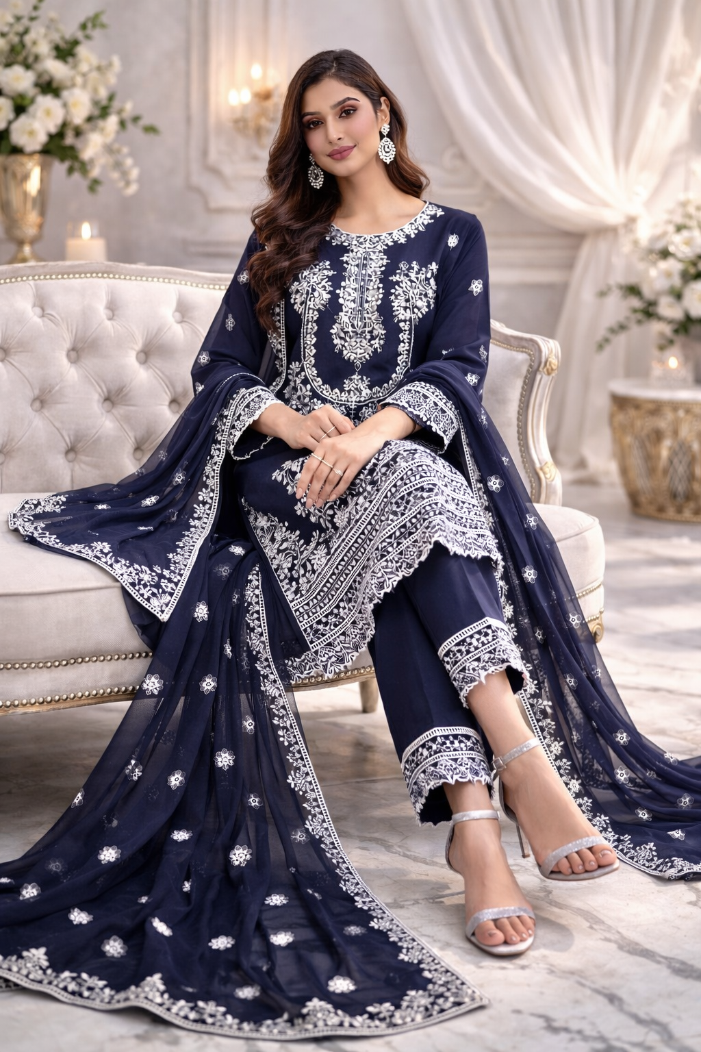 (99) Pakistani Navy Blue Chiffon Embroidered Outfit with Diamonte Detailing Chiffon Dupatta and Straight Trousers Ready to Wear