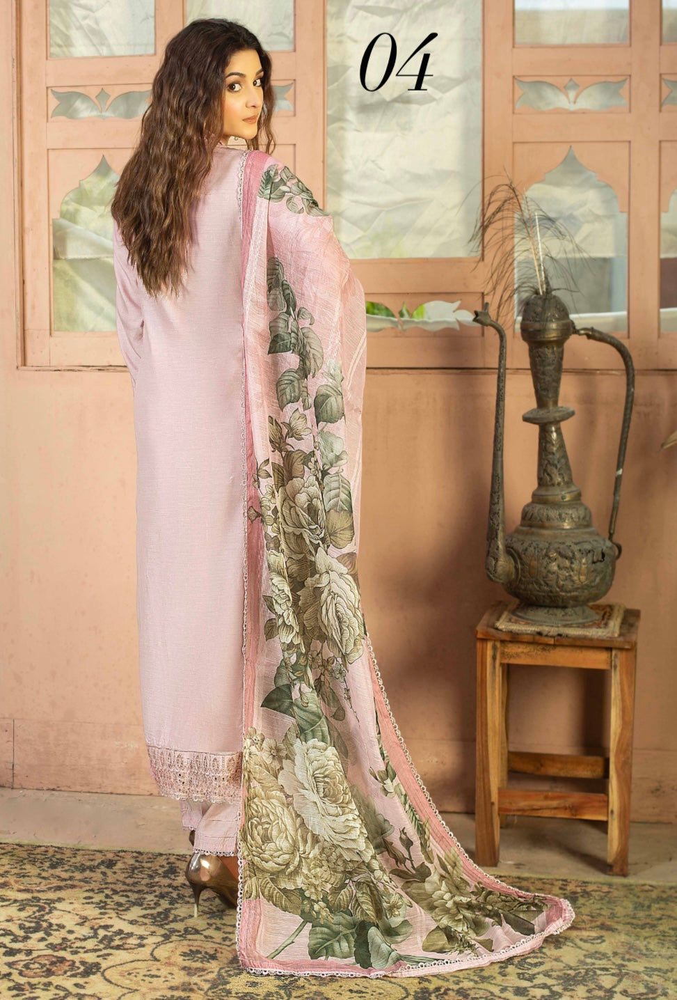 (355) Elegant Linen Sequin Embroidered Suit with Digital Munar Dupatta – Ready to Wear