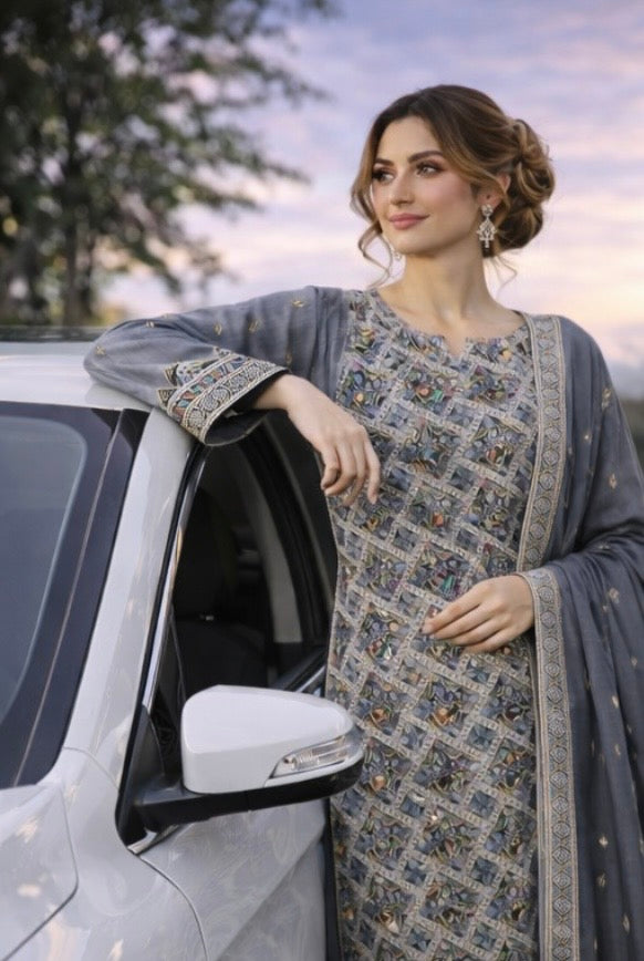 (355) Elegant grey fancy zari lawn suit, ready-to-wear, beautifully crafted with intricate detailing and paired with a four-sided (chaar patti) richly embroidered dupatta for a complete graceful look