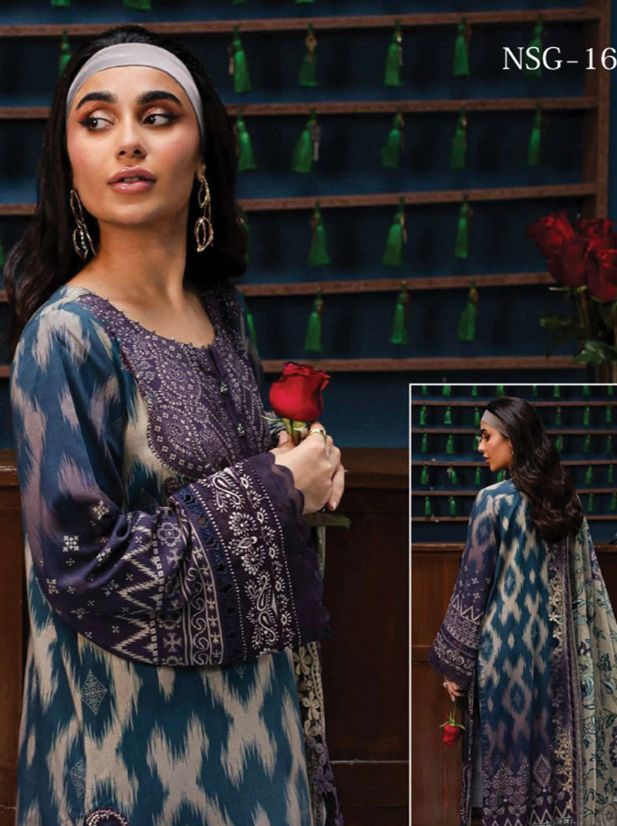 (158) Elegant Original Nureh Gardenia Printed Slub Linen Suit with Chiffon Dupatta