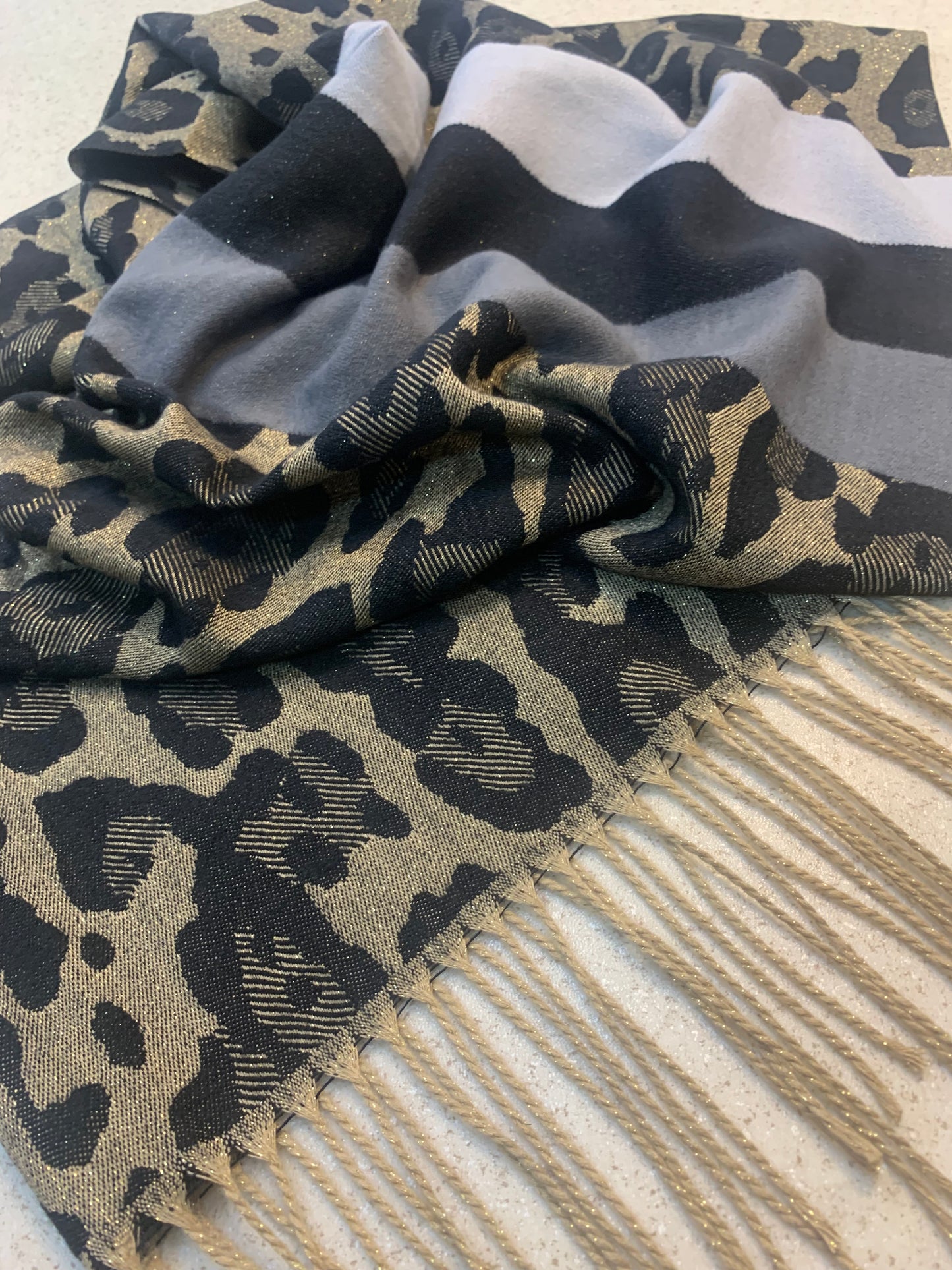 (12) Woolley leopard tassel shimmer printed winter thick scarf 27” wide length 73”