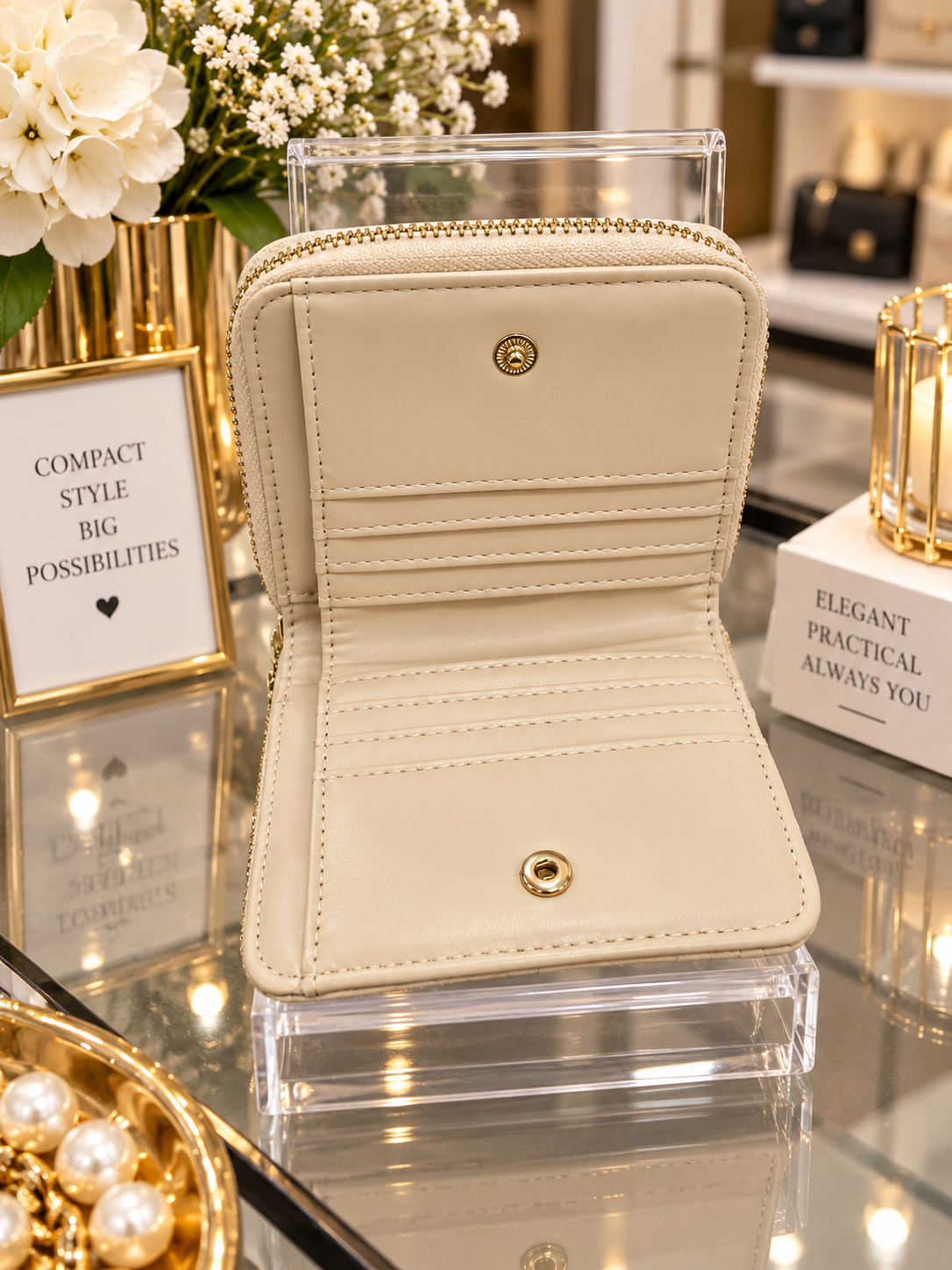 (365) Elegant cream compact purse with a chic textured finish, gold zip detailing and multiple card slots. Stylish, practical and perfect for keeping everyday essentials organised
