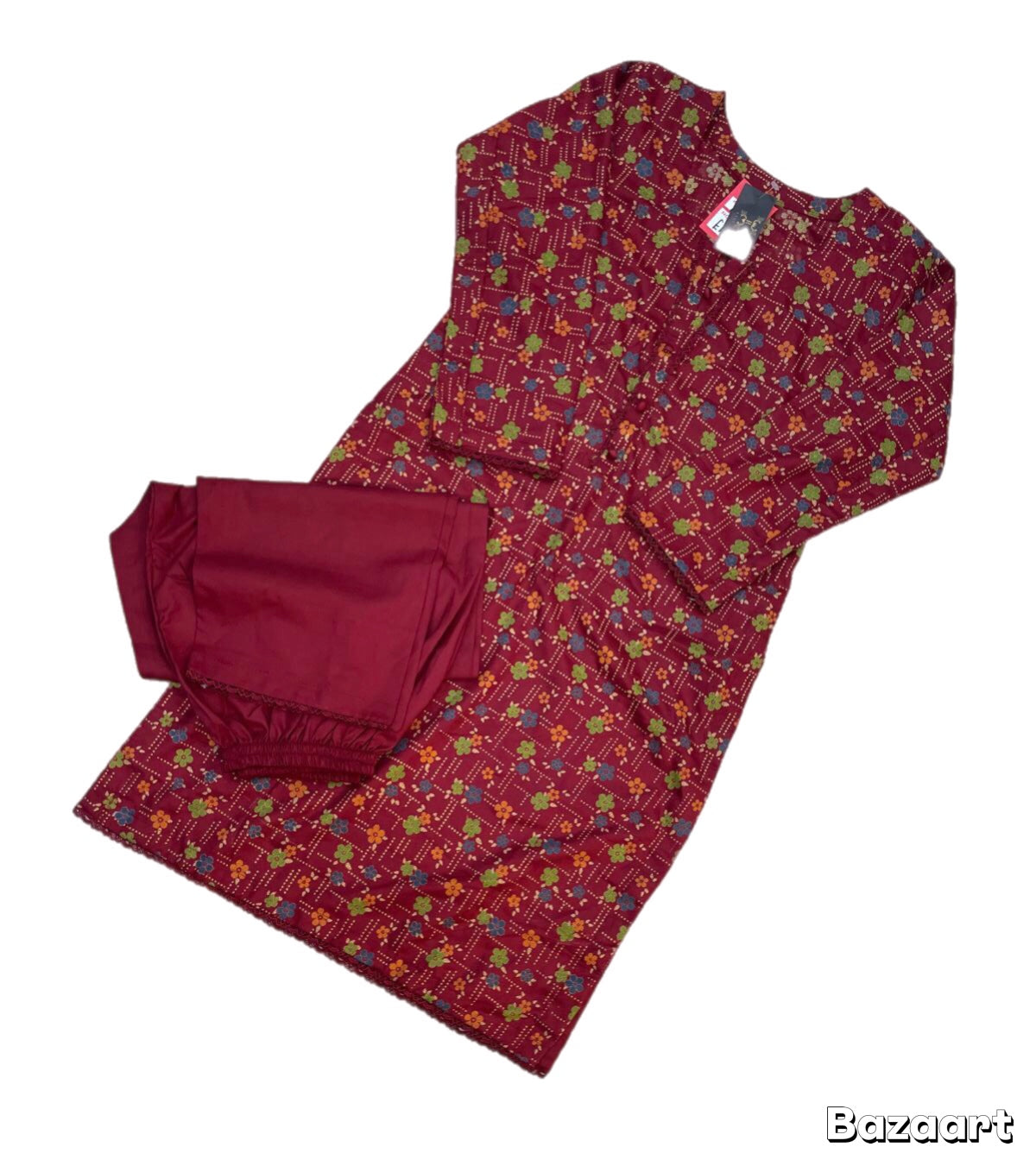(306) Pakistani Dhanak Red Winter Printed Lace Trim 2 Piece Ready Made Suit