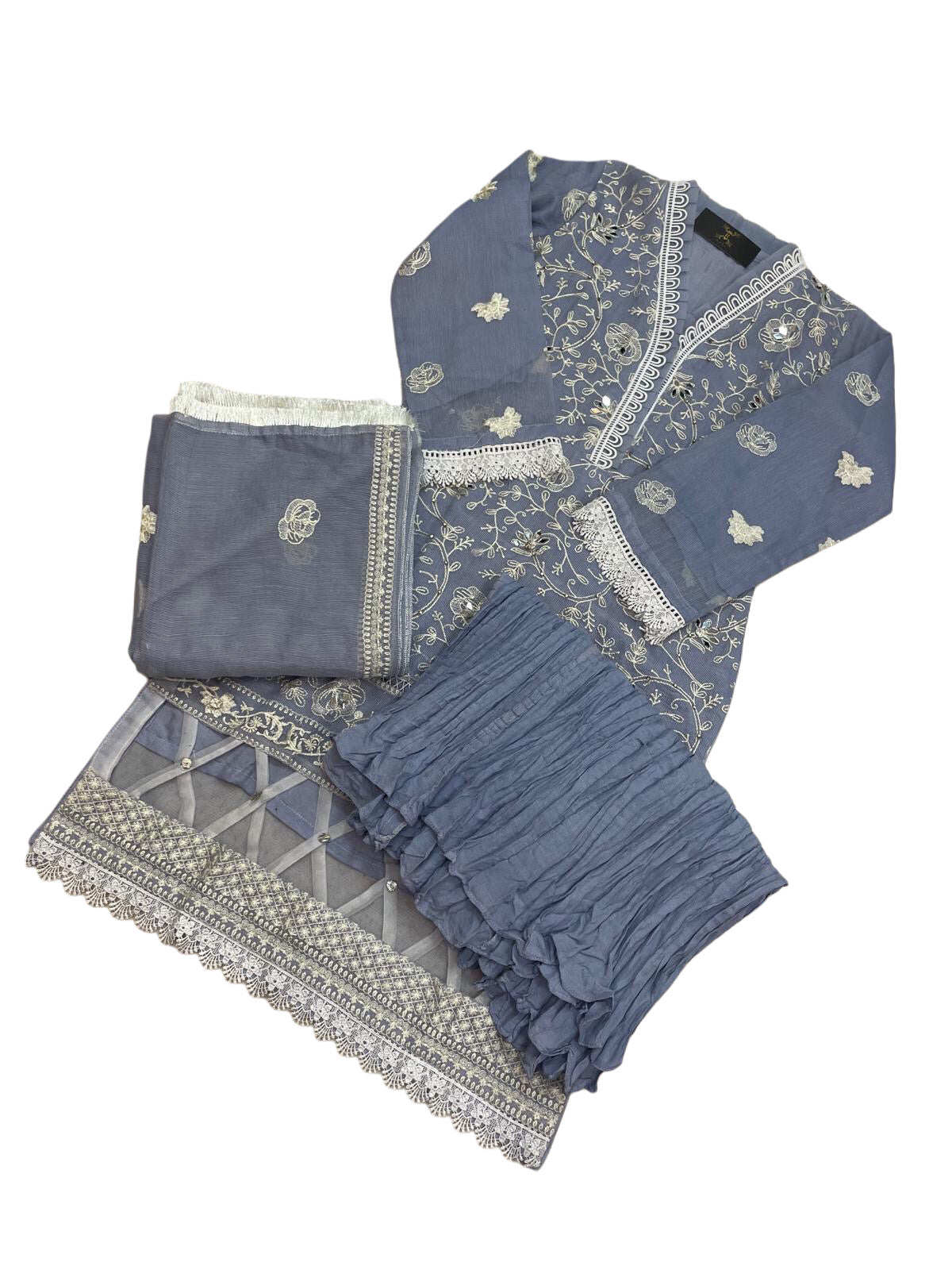 (209) Pakistani Mirror Lace Embroidered Kameez with Crinkle Plazzo Trousers