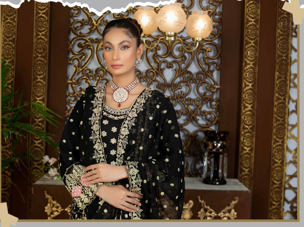 (7) Pakistani Ladies' Chiffon Suit with Stonework Embroidery & Palazzo Trousers