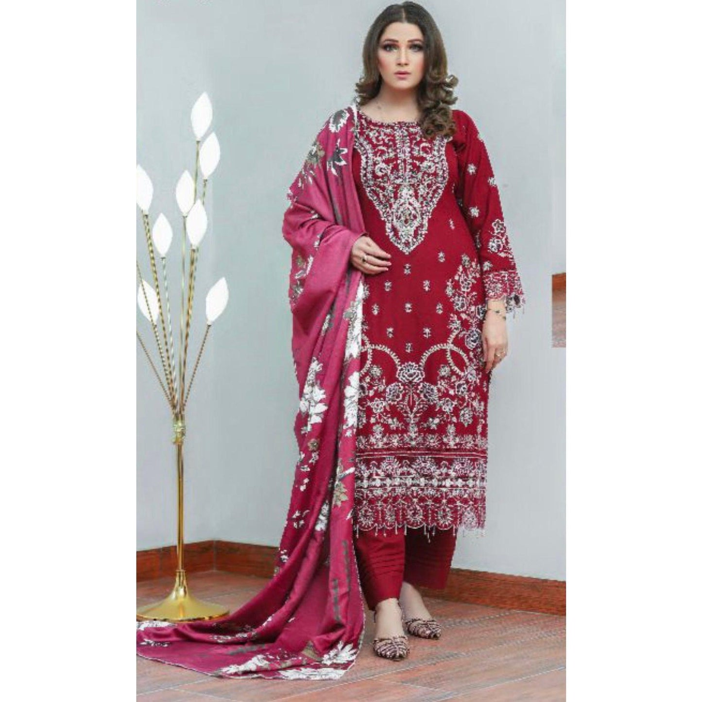(82) Elegant Pakistani Dhanak Winter 3-Piece Set with Embroidered Printed Shawl
