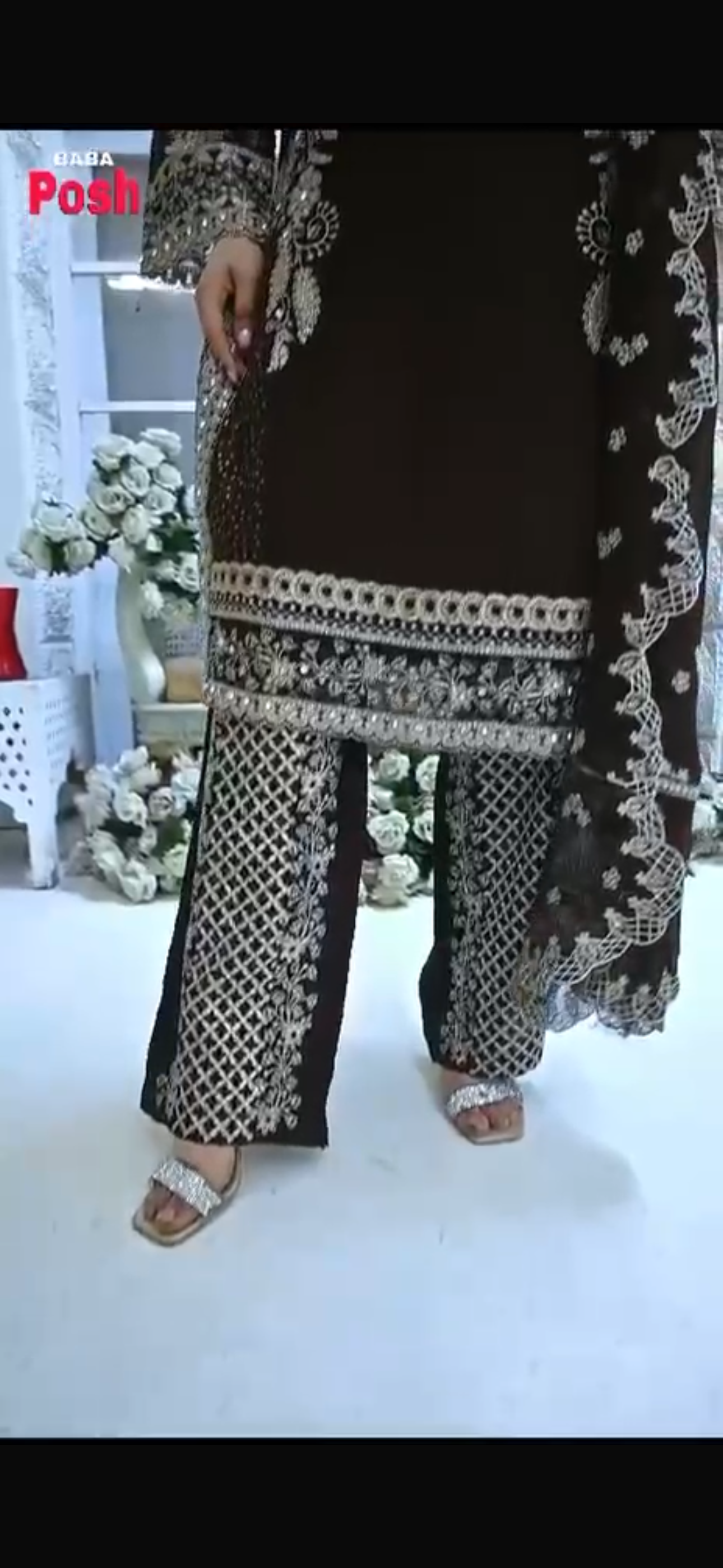 (55) Baba Posh Eid Chiffon brown Embroidered Three-Piece Ready-Made Suit