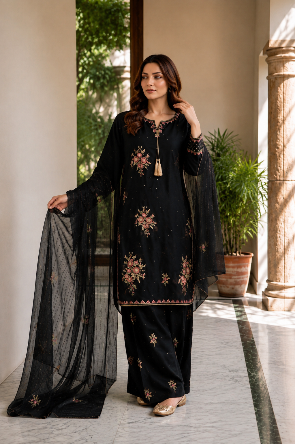 (354) Abeeha Elegant black Viscose Suit – A beautifully designed rounded kameez featuring delicate gold thread floral embroidery, paired with stylish palazzo trousers and a soft bamber dupatta