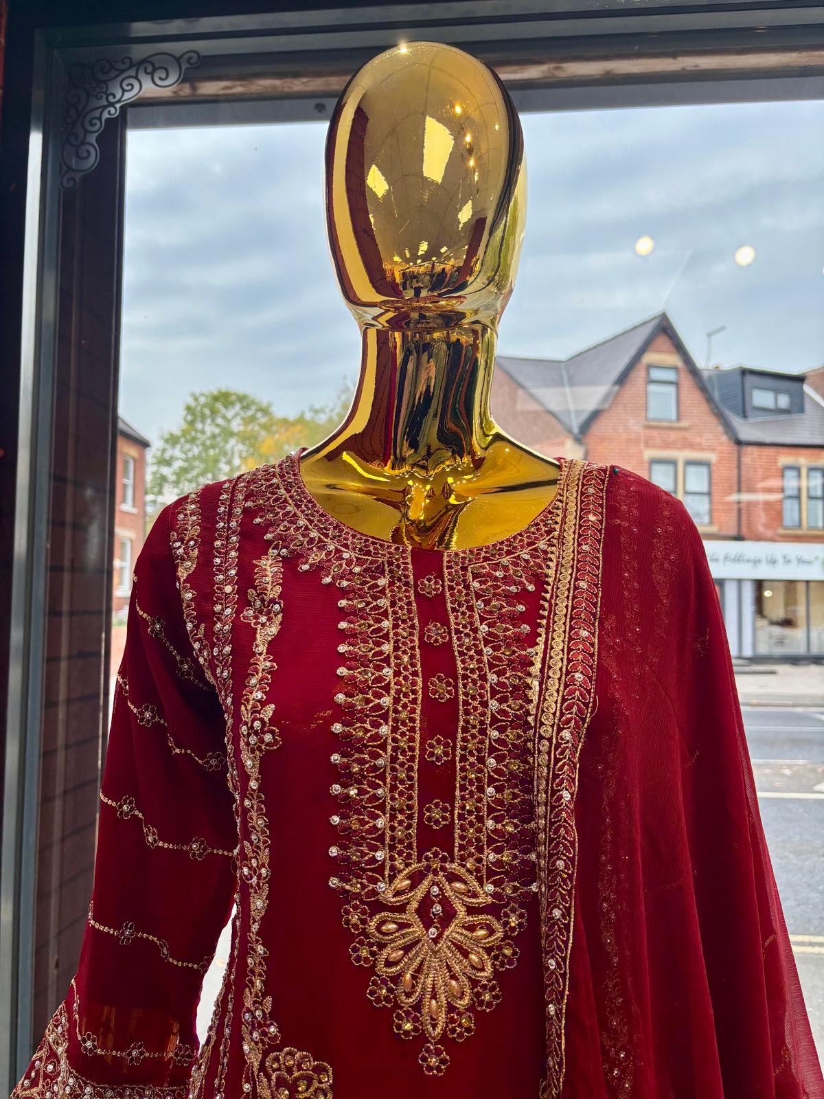 (124) Luxury Zaib Red Embroidered Chiffon 3-Piece Pakistani Occasion Suit