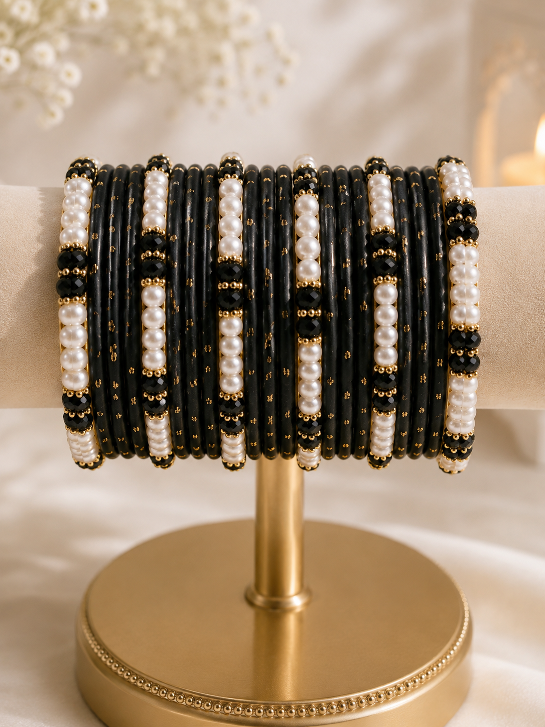 (B5) Elegant black bangle set with delicate pearl detailing and subtle gold accents perfect for weddings, Eid, parties and special occasions size 2.4
