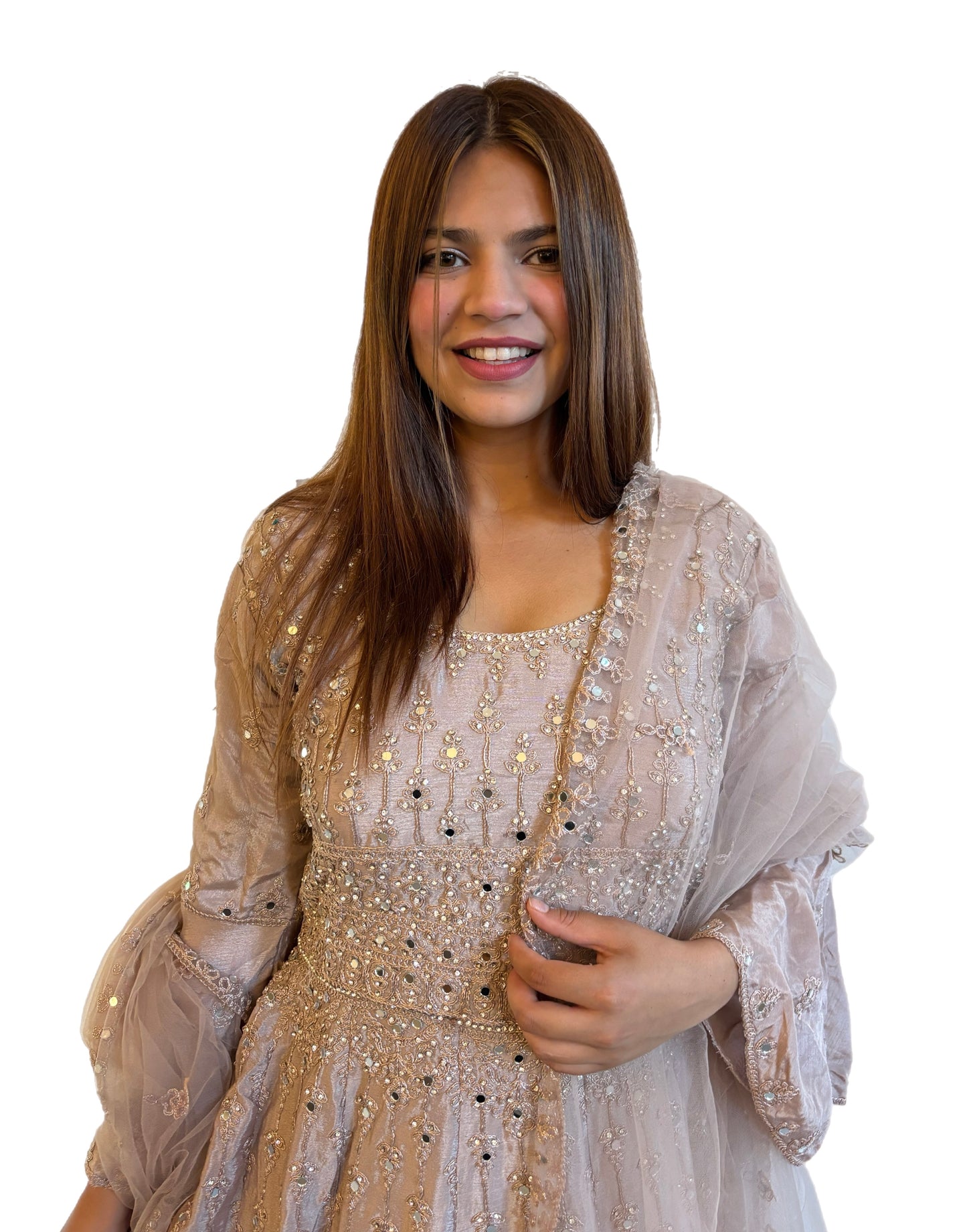 (62) Elegant Indian Embroidered Mirror Work Flared Frock – Three-Piece Wedding Party Ensemble | Ready to Wear
