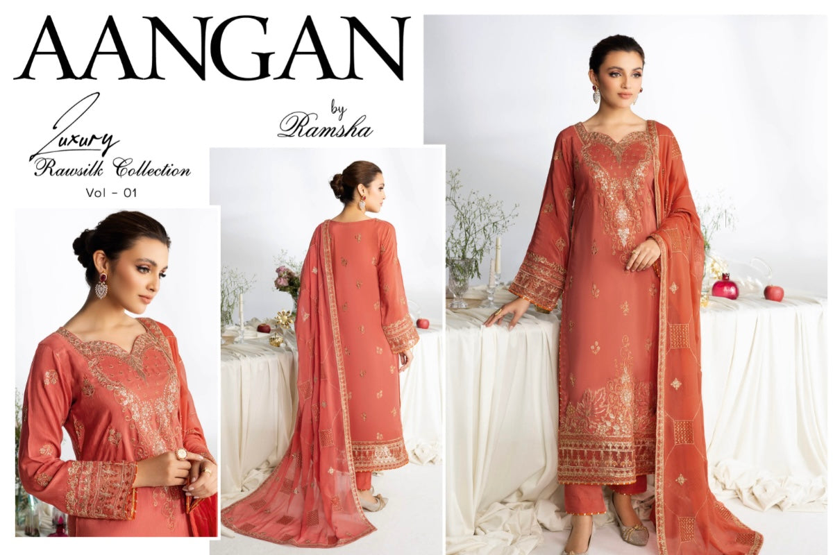 (308) Ramsha Aangan Luxury Raw Silk Collection – Ready-to-Wear 3-Piece Suit