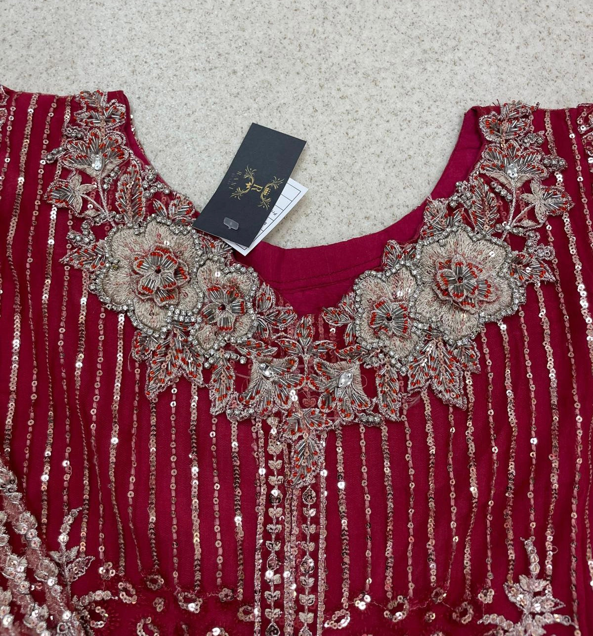 (58) Stunning Pakistani Embroidered Organza Suit in Deep Red &Diamante & Pearls