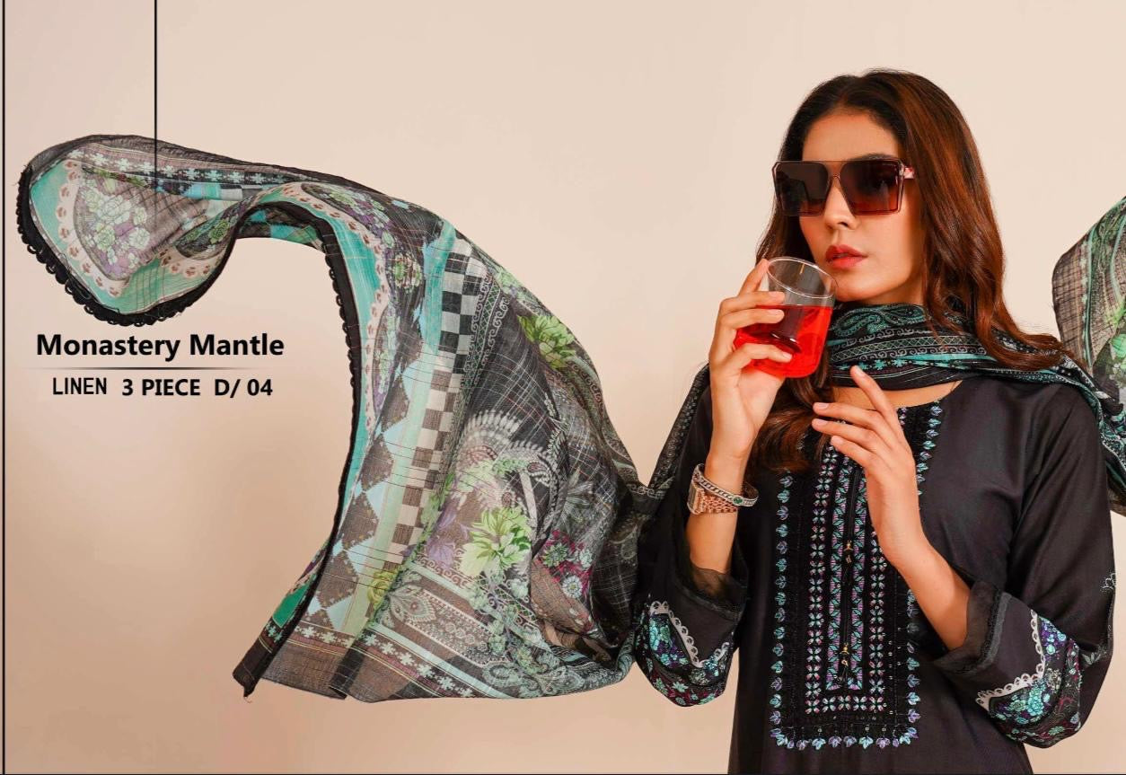 (239) Linen Pakistani Elegantly Embroidered Three-Piece Ready Made Suit