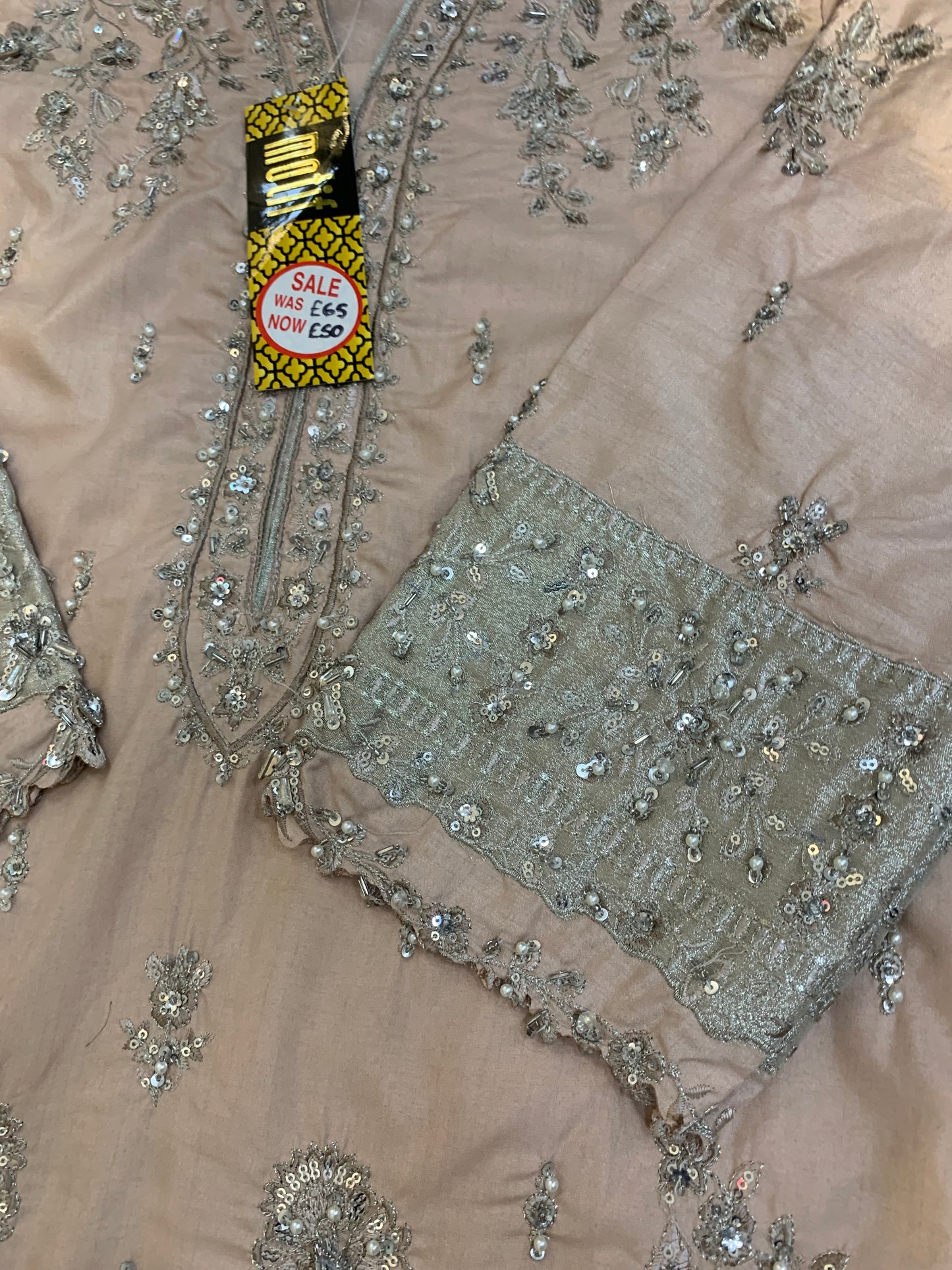 (34) Elegant Pink Raw Silk Palazzo Suit with Sequin & Pearl Embroidered Organza Dupatta – Ready to Wear