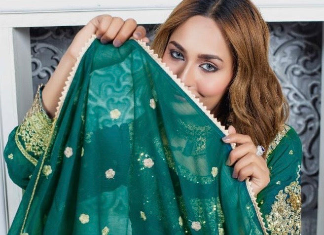(73) Crinkle Chiffon Palazzo Suit – Embroidered Elegance with Chiffon Dupatta | Ready-to-Wear