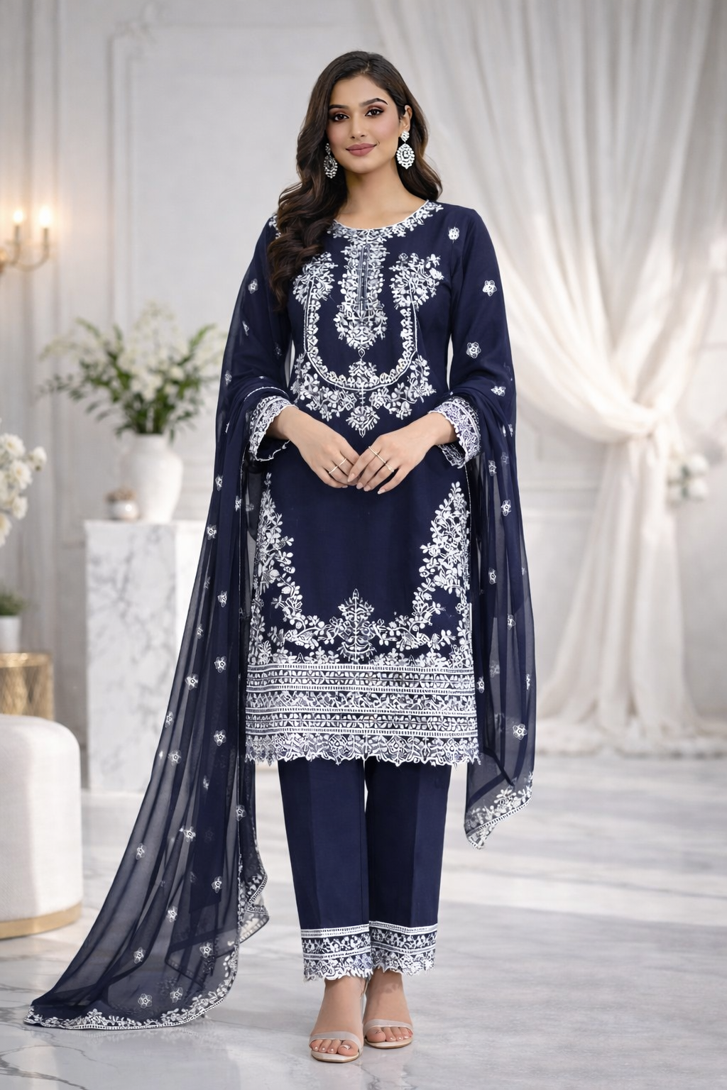 (99) Pakistani Navy Blue Chiffon Embroidered Outfit with Diamonte Detailing Chiffon Dupatta and Straight Trousers Ready to Wear