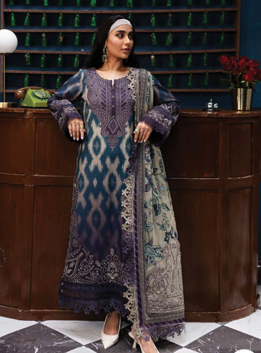(158) Elegant Original Nureh Gardenia Printed Slub Linen Suit with Chiffon Dupatta