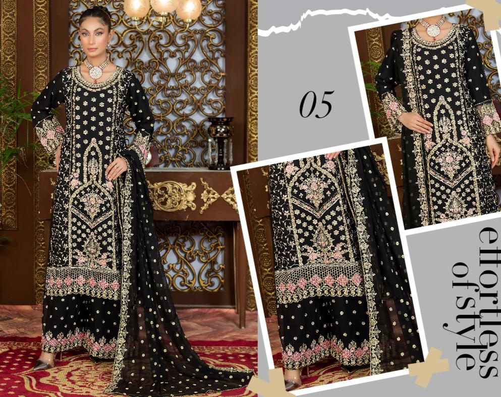 (7) Pakistani Ladies' Chiffon Suit with Stonework Embroidery & Palazzo Trousers
