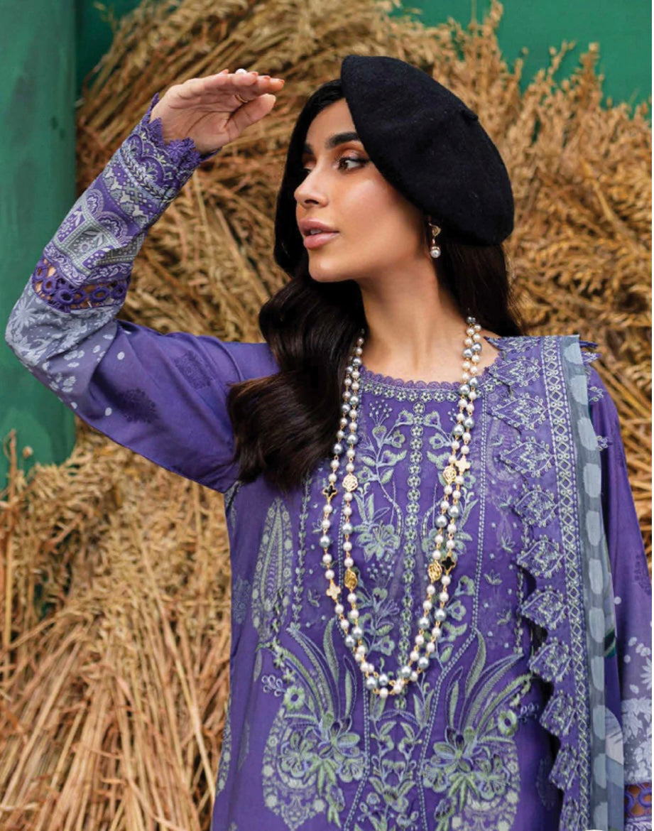 (150) Elegant Original Nureh Gardenia Printed Slub Linen Suit with Chiffon Dupatta