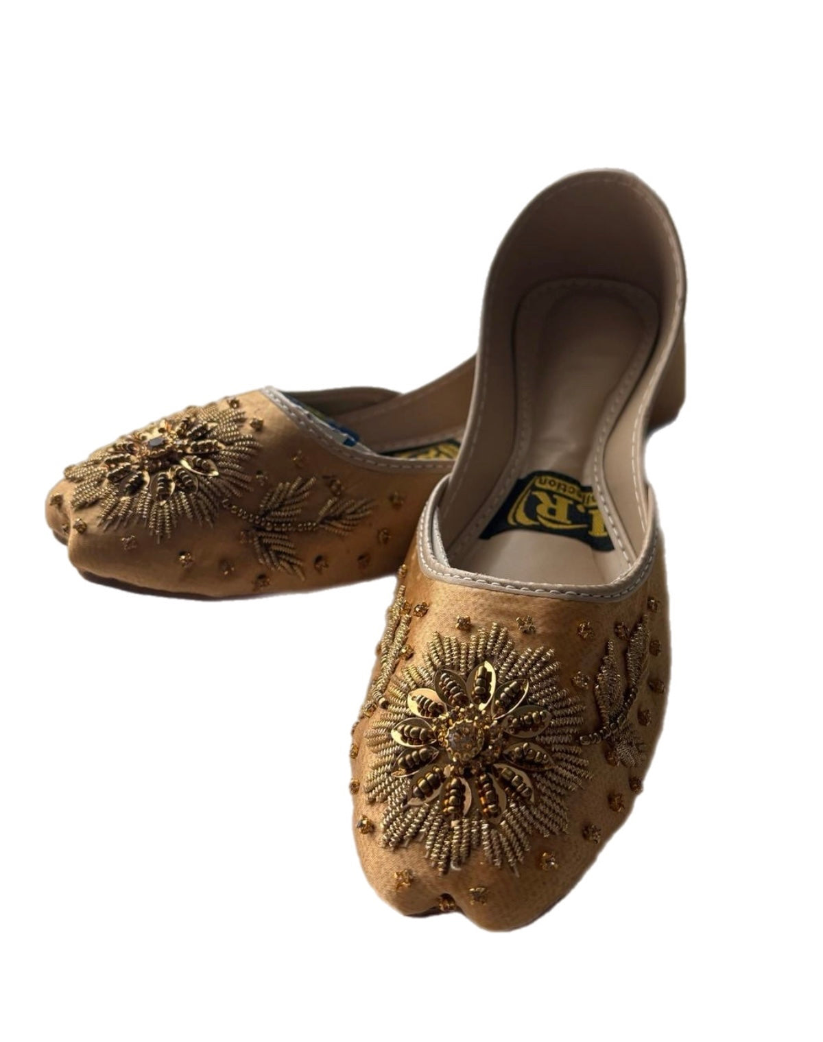 (S33) Handmade Satin Khusa – Gold Embroidered Punjabi Jutti with Soft Foam Comfort