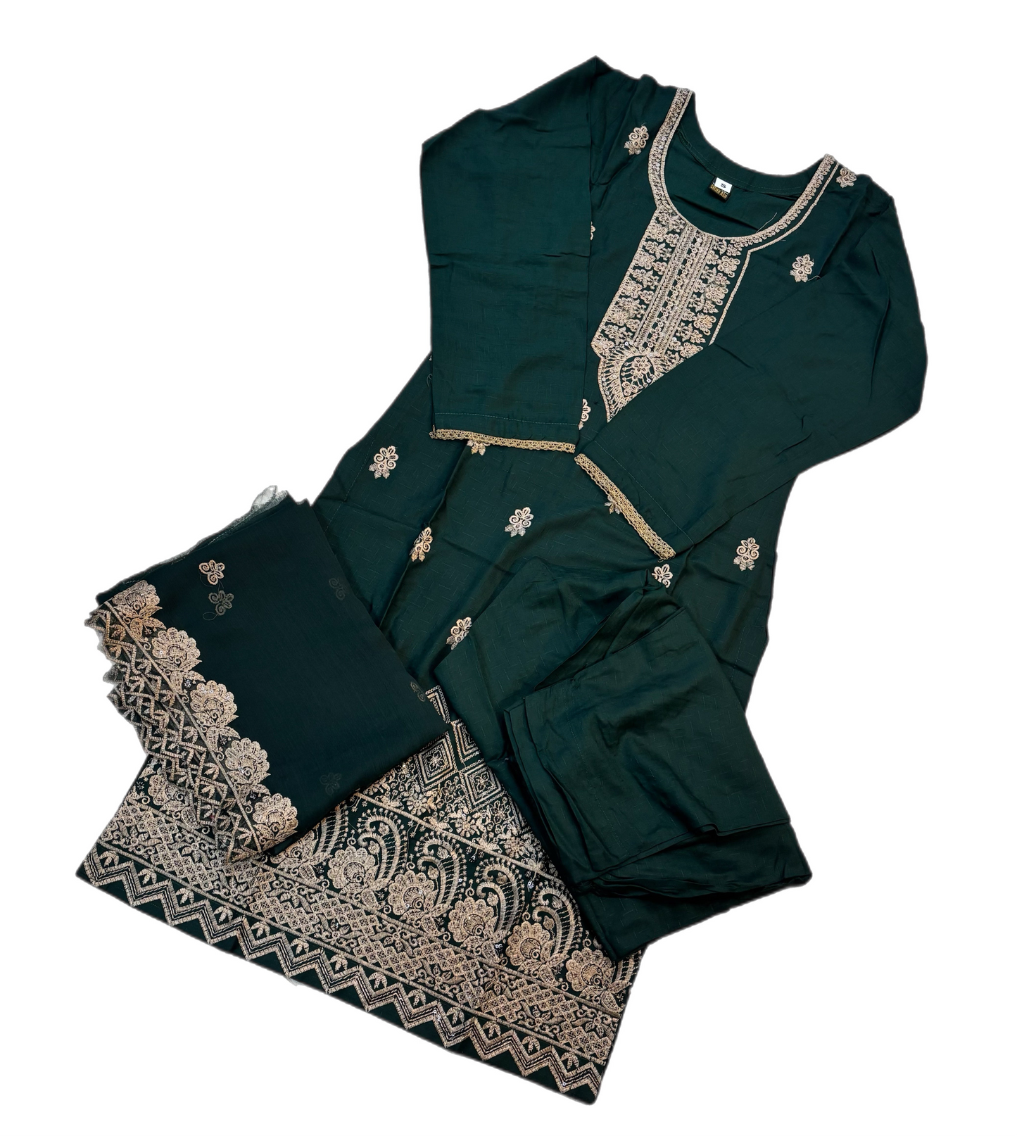 (170) Linen Pakistani Embroidered Sequin Chiffon Scarf Three-Piece Ready-Made Suit